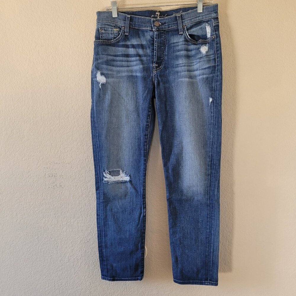 7 For All Mankind Women's Boyfriend Jeans - Distressed Dark Blue Wash